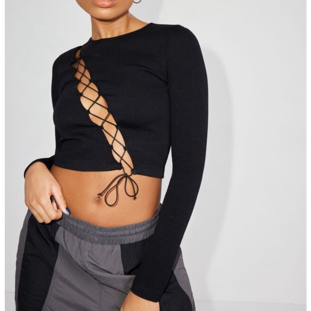 Garage Clothing- Black long sleeve, diagonal lace up cropped top